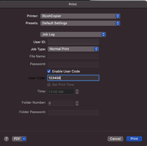 Job log in Print dialog box